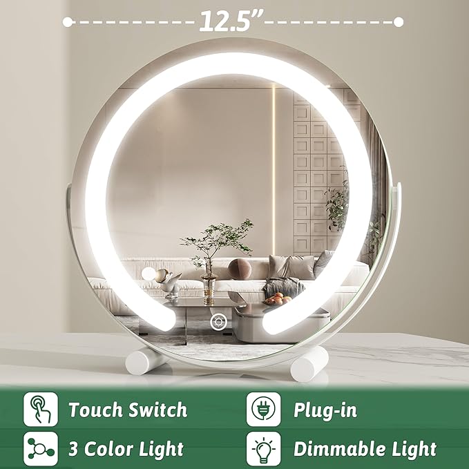 Vanity Mirror with Lights, 12 Inch Light Up Makeup Mirror, LED Makeup Mirror with Lights for Bedroom Tabletop, Smart Touch Control 3 Colors Dimmable, 360Β° Rotation, White