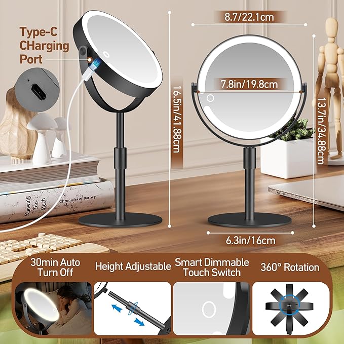 Magnifying Mirror with Light 20X, Height-Adjustable Lighted Makeup Mirror with Magnification, Double - Sided Aluminum Alloy LED Mirror, 3 Lighting Modes Ideal for Desk Bathroom Makeup, Black