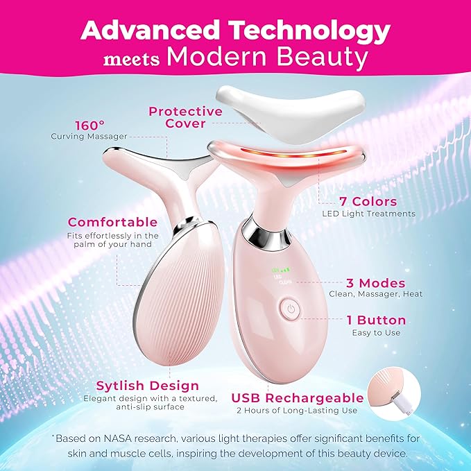 Red Light Therapy for Face - Neck Facial Massager - Beauty Face Lift, Microcurrent Facial Device, Lymphatic Drainage Massager, Double Chin Reducer, True Beauty Glow, luminesce, Gua Sha Tool - Pink