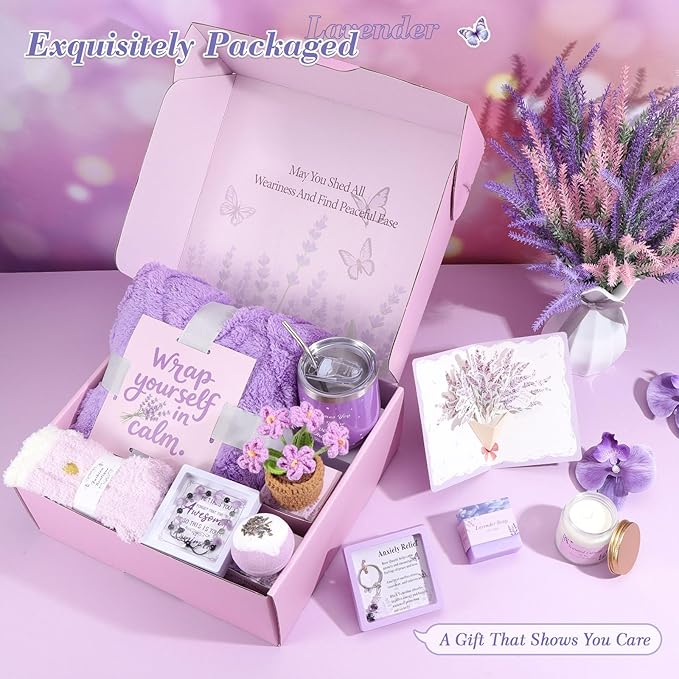 Birthday Gifts for Women Self Care Gifts Set, Lavender Spa Gift Basket Care Package Get Well Gifts for Women Purple Christmas Gifts Box,Unique Gift Idea for Mon Her Sister Best friend Coworker