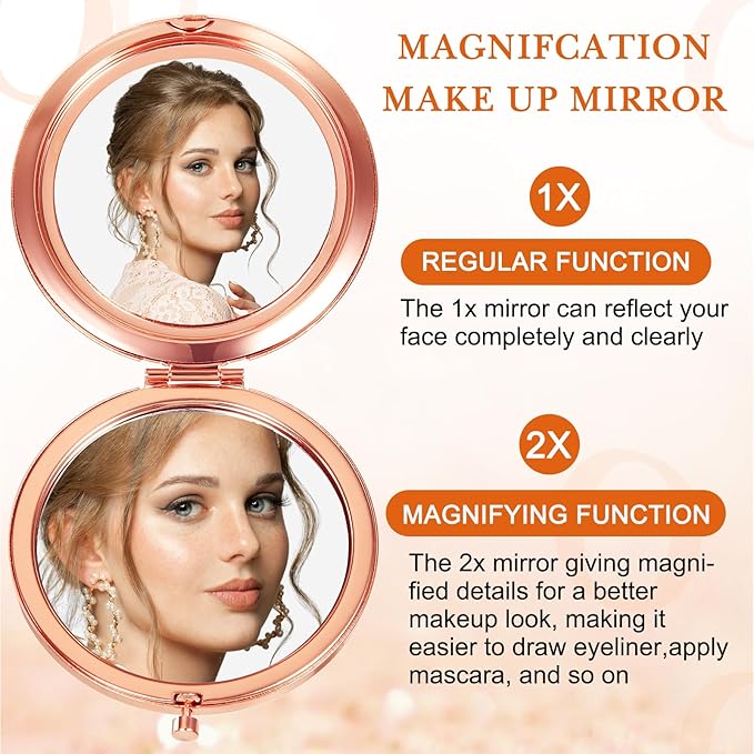 Cindeer 20 Pcs Small Compact Mirror Folding Pocket Makeup Round Hand Held Cosmetic Magnifying Compact Rhinestone Mirror with 1X/2X Magnification for Women Girls Travel (Gold Style)
