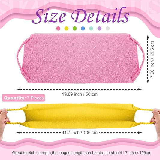 Lounsweer 7 Pieces Exfoliating Back Scrubber for Shower with Handles Nylon Back Exfoliator Washers Stretchable Pull Strap Exfoliating Loofah Washcloth for Women Men Body Deep Cleaning Massages