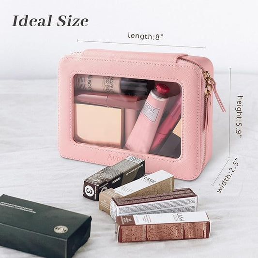 Aveniee Clear Makeup Bag Organizer, Portable Travel Toiletry Cosmetic Bag Case for Women, Heavy Duty Make Up Pouch with Transparent Vinyl Windows & Gold Zippers(Pink)