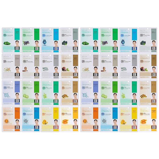 DERMAL Korean Collagen Face Mask β Hydrating & Soothing Sheet Mask with Panthenol β Hypoallergenic Calming Moisture Care for All Skin Types β 32 Combo Pack
