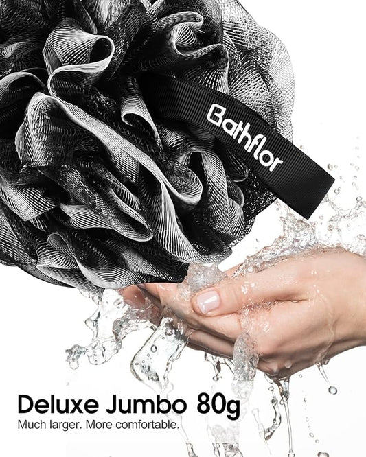 Loofah Sponge, 80g Loofahs for Men Women, 5-in-1 Large Shower Loofah Exfoliating Body Scrubber, 2 Bath Sponge Loofa Packs, 2 Loofah with Handle Body Wash Back Scrubber, 1 Luffa Hook, Black