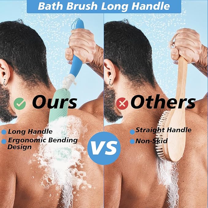 Shower Back Brush with Long Handle, 15.35" Body Brush, Long Back Scrubber for Men Women, Long Handled Sponge Body Exfoliator, Loofah Back Scrubber for Aid Bathing(Black)
