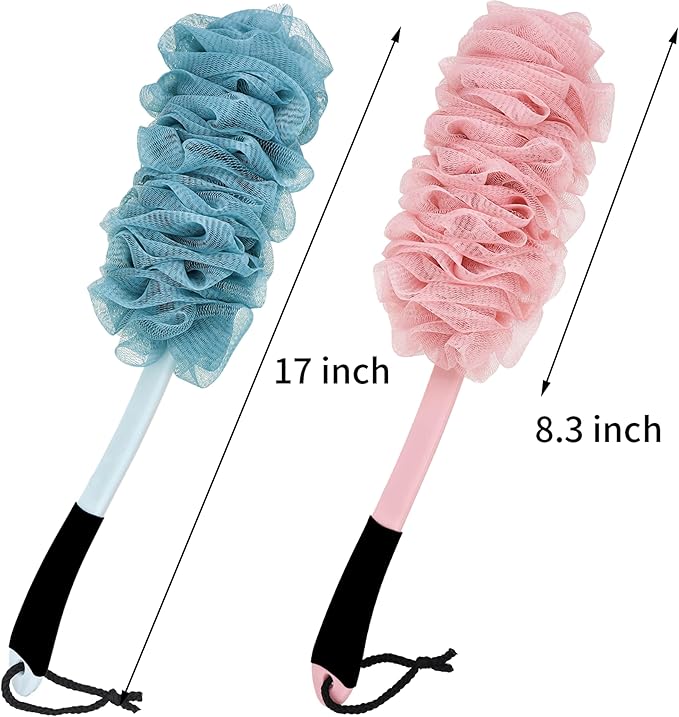 2Pack Back Scrubber for Shower, Loofah with Handle, Back Loofah Non-Slip Handle, Bath Body Brush, Scrub Cleaning Brush for Shower, Soft Mesh Sponge On a Stick for Men Women Elderly (Pink and Blue)