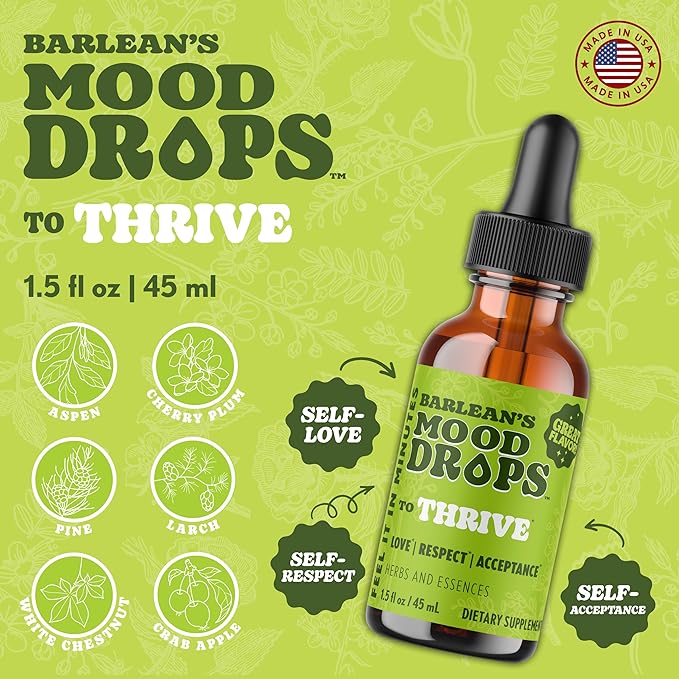 Barlean's Mood Booster Supplement, Thrive Liquid Drops Supplements, Ashawagandha, L Theanine, and Lion's Mane Extract, Adaptogen Herbs Drops, 1.5 oz