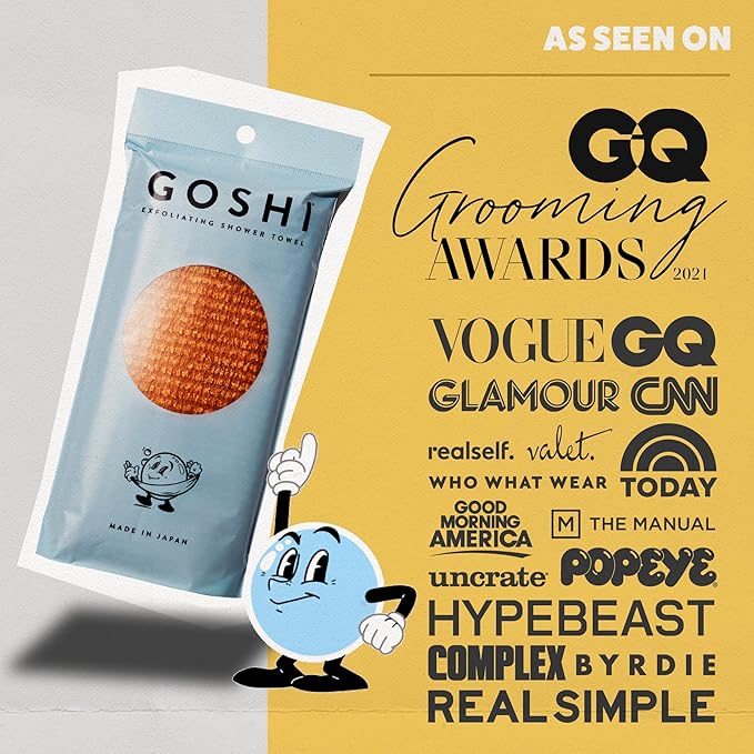 GOSHI Exfoliating Shower Towel - Rip-Resistant Exfoliating Washcloth for All Skin Types - Marigold Yellow - Made in Japan
