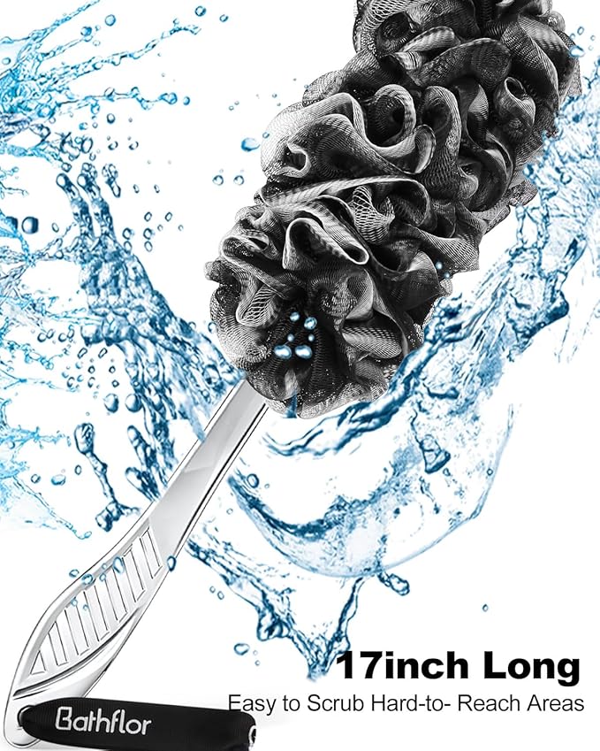 Loofah Sponge Exfoliating Body Scrubber,Loofahs with Handle: 2PCS Long Handle Loofa Back Scrubber, 1PCS Luffa Hook, Charcoal Loofah Pack for Women Men Bath Wash, Black and Blue