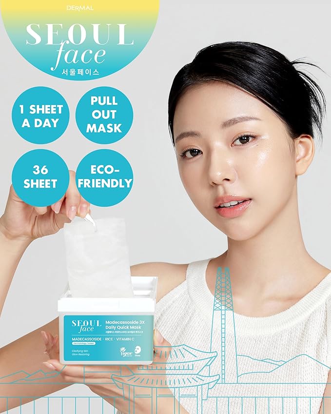 DERMAL Seoul Face Madecassoside 3X Daily Quick Mask 36 Sheet β Korean Skincare Vegan Tencel Facial Masks - Improving Dark Spots, Soften Skin Mask Sheets with Rice, Vitamin C, Panthenol