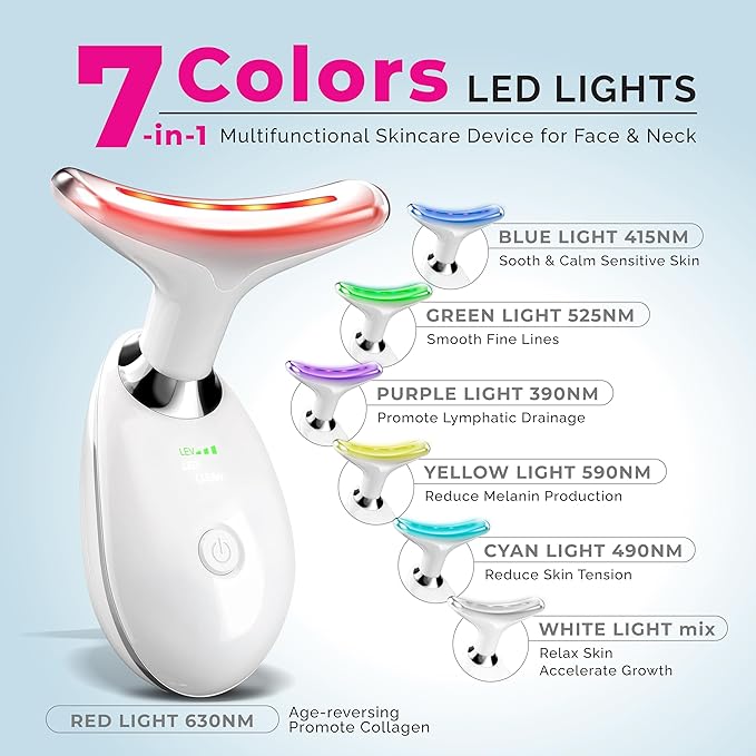 Face Neck Device Facial Massager, True Beauty Glow, Microcurrent Skin Care, Double Chin Reducer, Face Lift, Face Sculpting Tool, Gua Sha Facial Tools, 7-in-1 L-E-D Colors - White Machine - Biidey