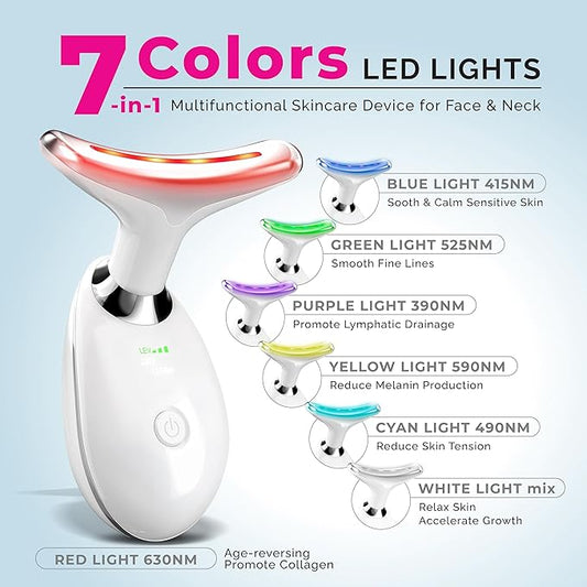 Face Neck Device Facial Massager, True Beauty Glow, Microcurrent Skin Care, Double Chin Reducer, Face Lift, Face Sculpting Tool, Gua Sha Facial Tools, 7-in-1 L-E-D Colors - White Machine - Biidey