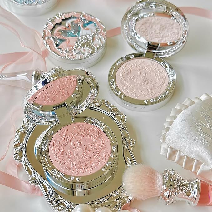 Flower Knows Strawberry Rococo Embossed Blush;Translucent Matte Finish;Buildable & Blendable Powder Blush for cheeks,Pressed Setting Powder,Natural Flush for All Skin Tones(01 Niveous Swan,5g)