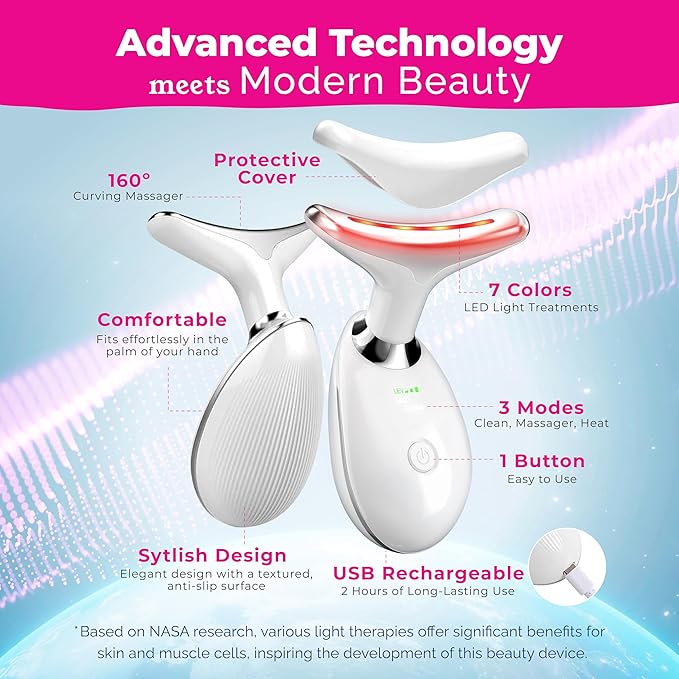 Face Neck Device Facial Massager, True Beauty Glow, Microcurrent Skin Care, Double Chin Reducer, Face Lift, Face Sculpting Tool, Gua Sha Facial Tools, 7-in-1 L-E-D Colors - White Machine - Biidey