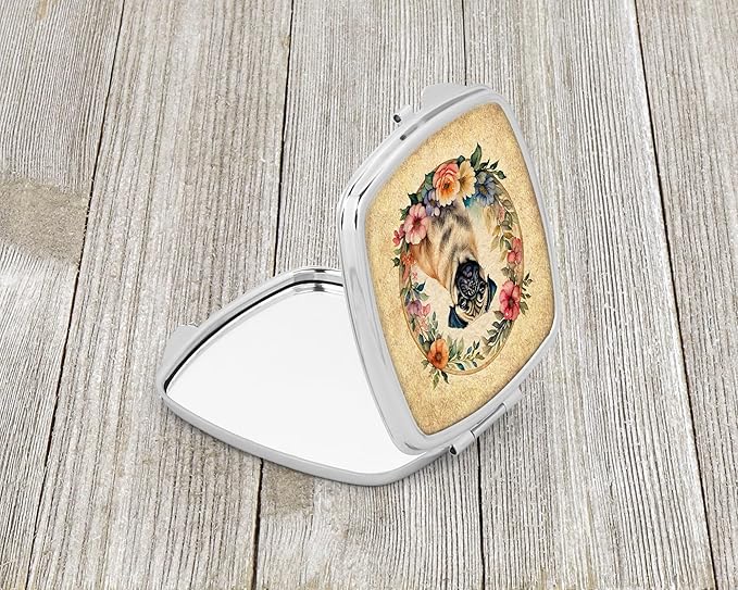 Caroline's Treasures Fawn Pug and Flowers Compact Mirror Decorative Travel Makeup Mirror for Women Girls Gifts Pocket Makeup Mirror Folding Handheld