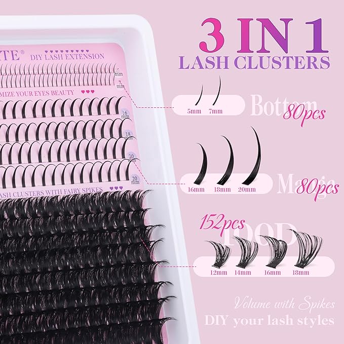 100D Lash Clusters with Bottom Lashes Spikes Eyelash Clusters Multi-type Individual Lashes Thick DIY Lash Extension Kit Fairy Cluster Eyelash Extensions 5-20mm Wispy Cluster Lashes Spiky by CORUSCATE