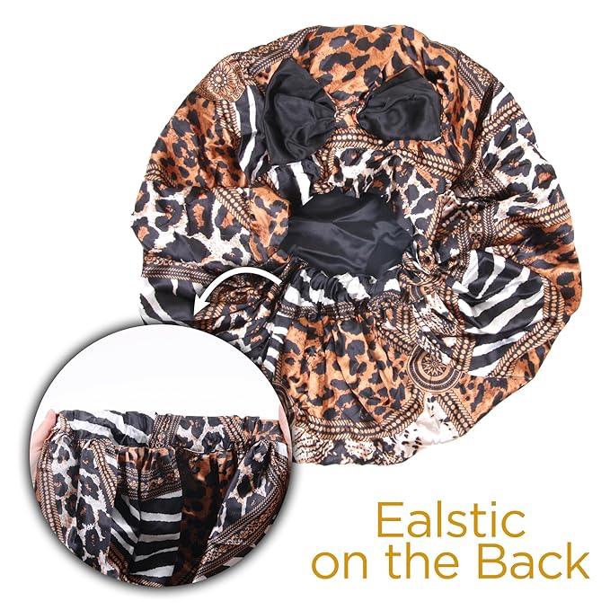 DONNA Jumbo Bow Ribbon Bonnet 1pc Satin Bonnet for Sleeping Removable Reversible Bow Ribbon for Women with Curly Hair, Crochet Hairstyles Silk Hair Accessories Shower Cap Multi Animal Pattern
