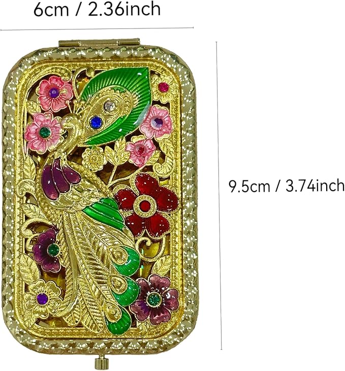 1PC Vintage Peacock with Head Up Pattern Cosmetic Makeup Pocket Purse Magnification Jewel Mirror οΌRectangleοΌ
