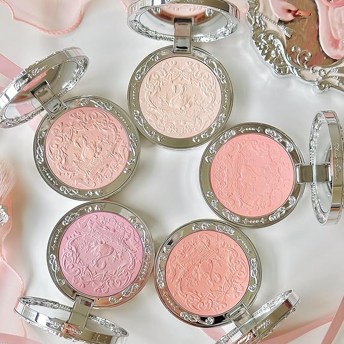 Flower Knows Strawberry Rococo Embossed Blush;Translucent Matte Finish;Buildable & Blendable Powder Blush for cheeks,Pressed Setting Powder,Natural Flush for All Skin Tones(01 Niveous Swan,5g)