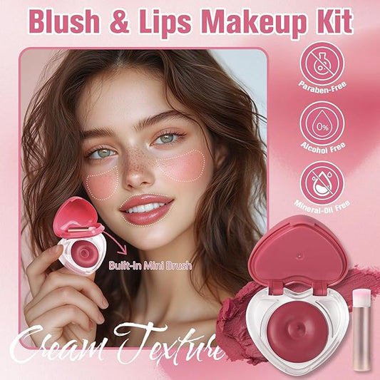 Heart-Shaped Cream Blush for Cheeks & Lips β 2-in-1 Tinted Lip and Cheek Balm Kit with Mini Brush β Blendable Dewy Blusher Face Makeup for Women, Portable Compact for Travel & On-the-Go Touch Ups 04