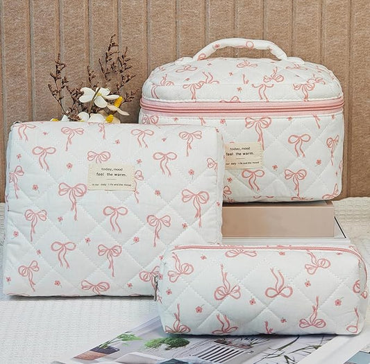 3 Pcs Quilted Makeup Bag Set,Coquette Bow Make Up Bag,Cute Floral Makeup Bags Large Toiletry Cosmetic Bag Organizer for Women Girls (O-3PCS)