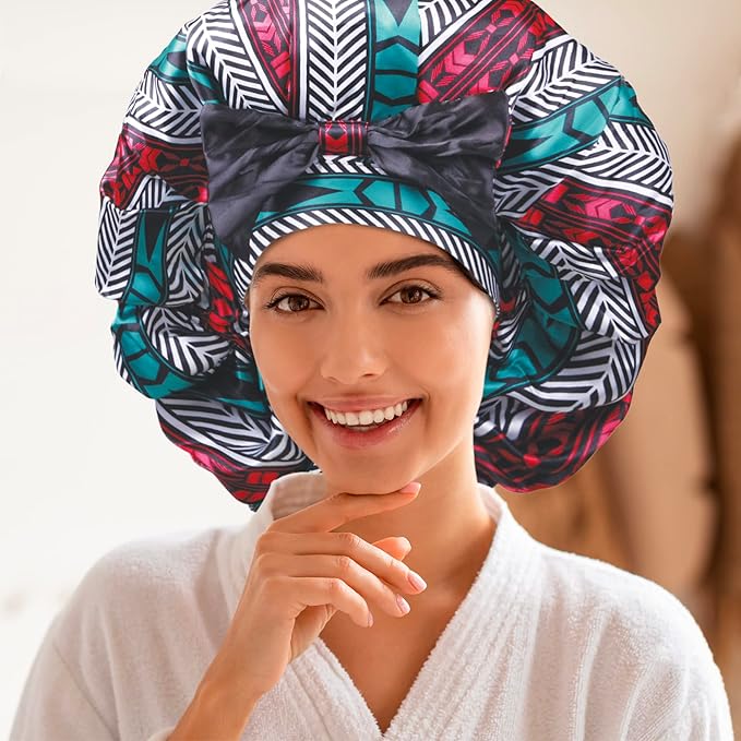 DONNA Jumbo Bow Ribbon Bonnet 1pc Satin Bonnet for Sleeping Removable Reversible Bow Ribbon for Women with Curly Hair, Crochet Hairstyles Silk Hair Accessories Shower Cap Aztec Pattern