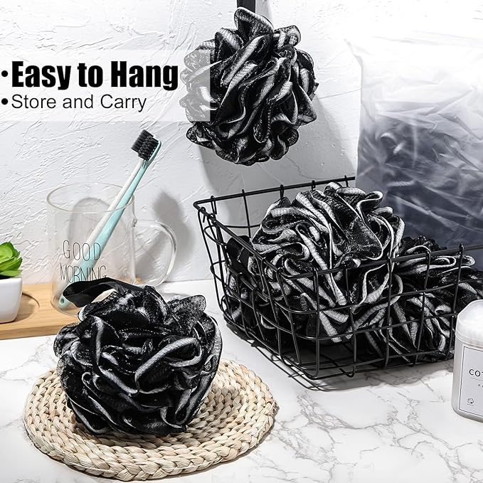 Shellwei 32 Pcs Bath Sponge Shower Loofahs Bulk 60 g Charcoal Body Shower Sponge Large Mesh Puff Soft Scrubber for Men and Women Exfoliating Pouf Balls with Bathing Accessories(Black White)