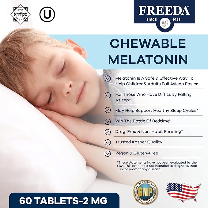 FREEDA Melatonin 2mg Sugar-Free Chewables β Natural Sleep Aid for Adults & Kids β Vegan, Kosher, Gluten-Free, Non-GMO, Easy Bedtime Support β 240 Tablets