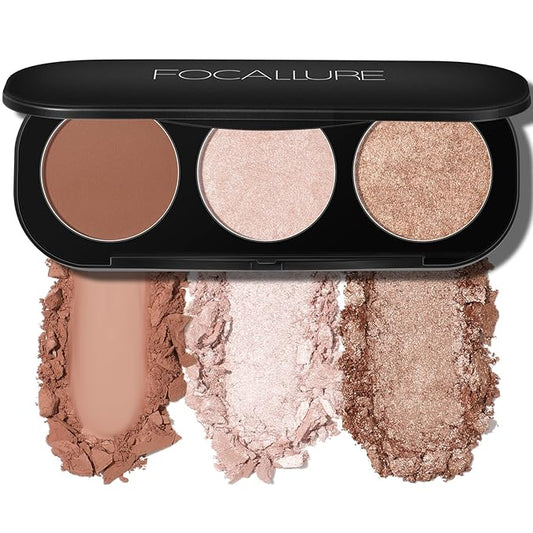 FOCALLURE Blush and Highlighter Palette,3 in 1 Makeup Powder Cruelty-Free Matte Blush,Shimmer Illuminator Highlighters for a Glowing Look,#02