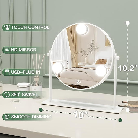10"x10" Lighted Makeup Mirror, Hollywood Vanity Mirror with 3 Dimmable LED Bulbs, Dimmable Touch Screen, Light up Mirror, Portable Travel Mirror, 360Β° Rotation, White