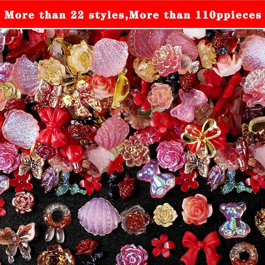 110 Pieces 3D Nail Charms for Acrylic Nails, Camellia Rose Flower Butterfly Bowknot Heart Bear Rabbit Star Charms for Nail Art Designs DIY Accessories Craft(Red+2)