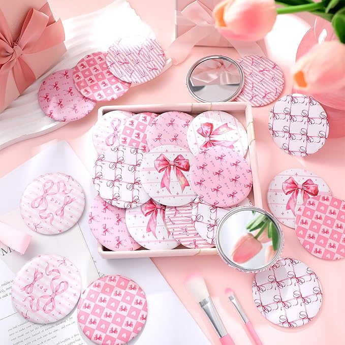 Geelin 24 Pcs Pink Compact Mirror Bulk Coquette Portable Aesthetic Mini Mirror Bulk Pink Bow Party Favors for Purse Pocket Travel Present Women Birthday Gift Wedding Bridal Shower Grad Mom