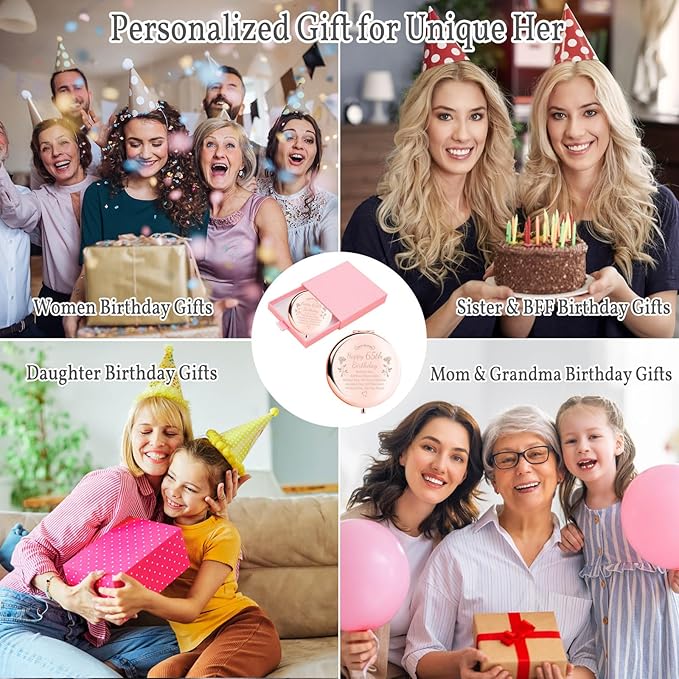 Birthday Gifts for Women Makeup Mirror 10th-85th Birthday Gifts for Sister Mom BFF Daughter Grandma Granddaughter - Milestone Birthday Presents 2-in-1 Compact Mirror (65th Birthday)