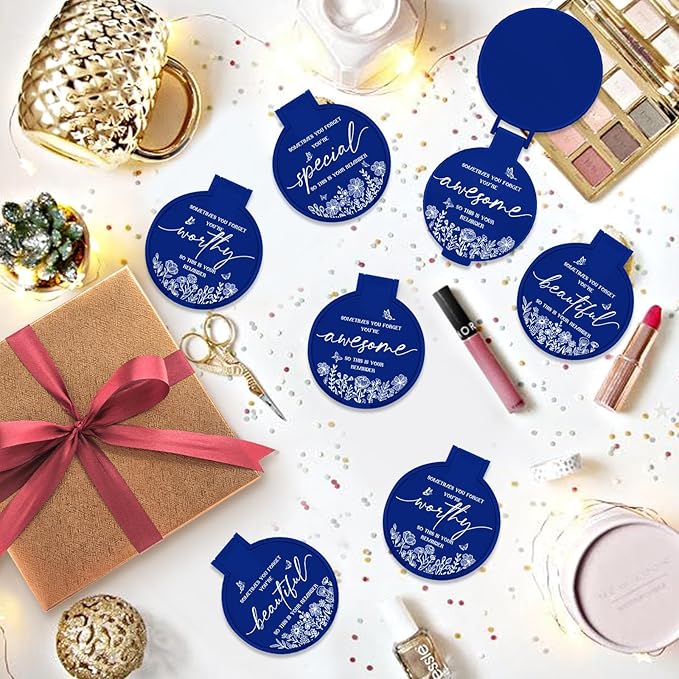 100 Pcs Inspirational Compact Mirror Bulk Small Pocket Mirror Purse Round Portable Folding Makeup Mirror Mini Compact Mirror Gifts for Women Coworker Employee Teacher(Blue)