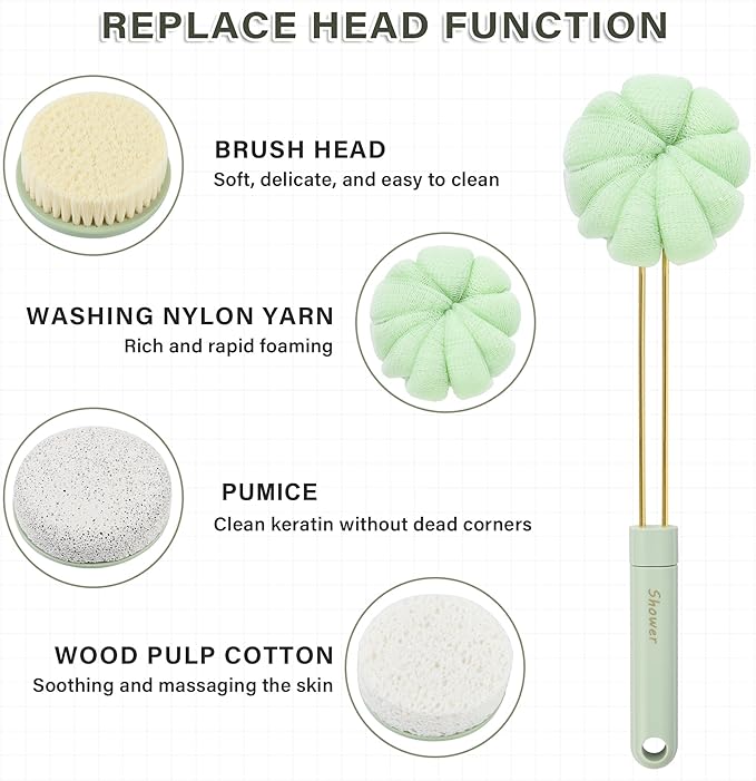 Premium Bath Brush | Double-Sided Availability|Shower Ball, Shower Ball, Pumice and Natural Sponge Heads | Effortless Full-Body Cleanse | Extra Long, Comfort-Grip Handle (Green)