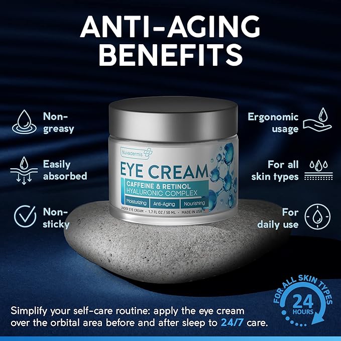 NUVADERMIS Caffeine Eye Cream with Retinol & Hyaluronic Complex β Anti-Aging Treatment β 1.7 oz β Made in the USA