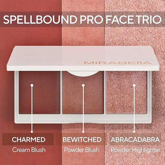 Mirabella Spellbound Pro Face Trio Powder and Cream Blush Palette with Powder Highlighter, Lightweight & Buildable Color Blush for Cheeks Creates a Flawless, Radiant Look for All-Over Multi-Use