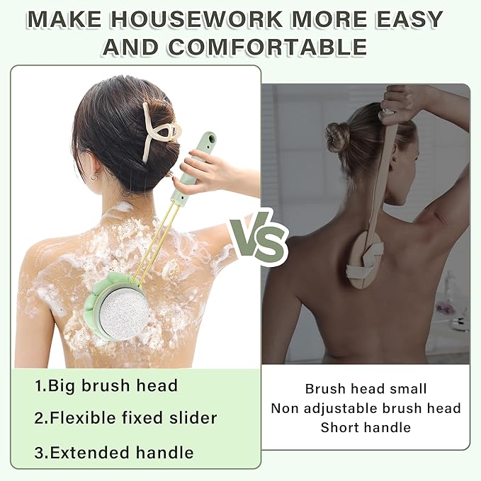 Premium Bath Brush | Double-Sided Availability|Shower Ball, Shower Ball, Pumice and Natural Sponge Heads | Effortless Full-Body Cleanse | Extra Long, Comfort-Grip Handle (Green)
