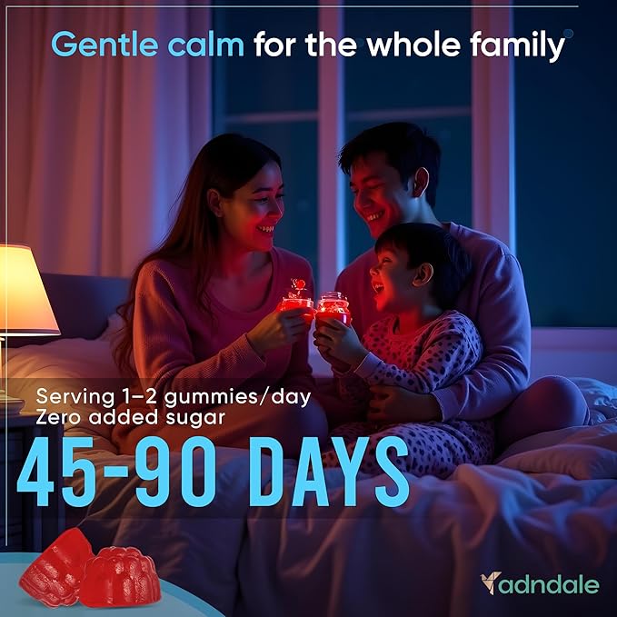 Adndale Magnesium Glycinate Gummies 90CT for Adults and Kids. 150 mg Chelated Mg with L-Theanine, Passionflower, Chamomile & Lemon Balm. Raspberry Flavor. Clear Thinking, Restful Nights, Muscle Ease