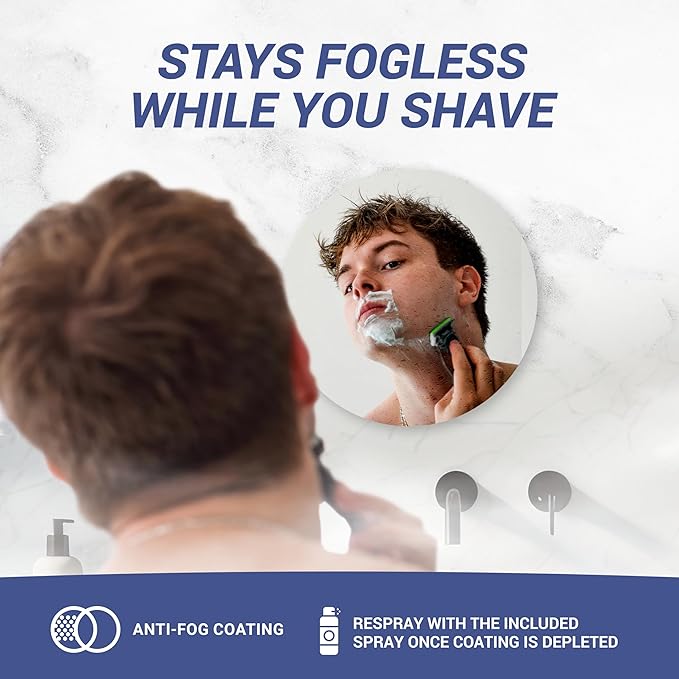 Sticky 3M Adhesive Anti-Fog Shaving Mirror for Men - Frameless & Shatterproof Plastic Mirror (Round) & Small Travel Shower Mirror - Fogless Shower Shaving Mirror with Triple Suction Cups Bundle