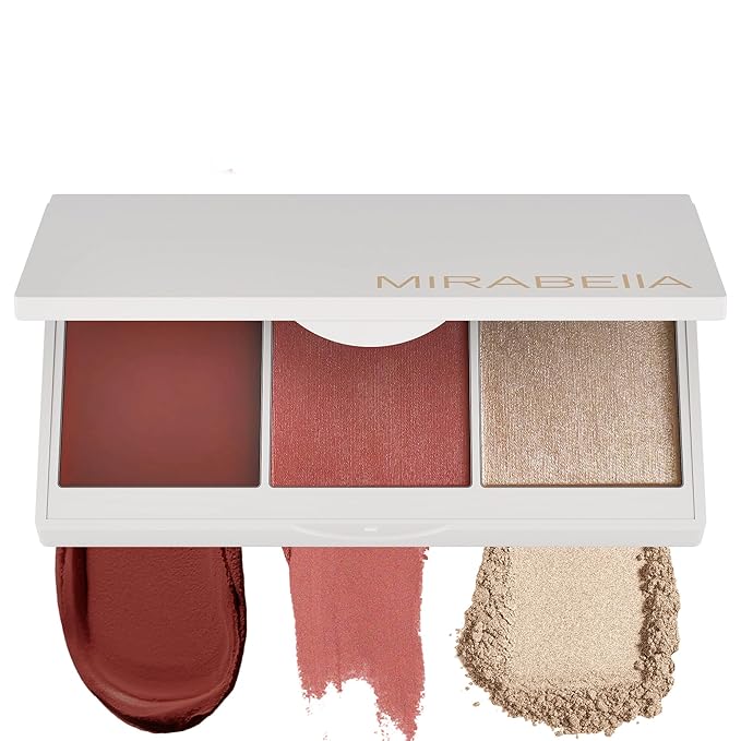 Mirabella Opulent Pro Face Trio Powder and Cream Blush Palette with Powder Highlighter, Lightweight & Buildable Color Blush for Cheeks Creates a Flawless, Radiant Look for All-Over Multi-Use