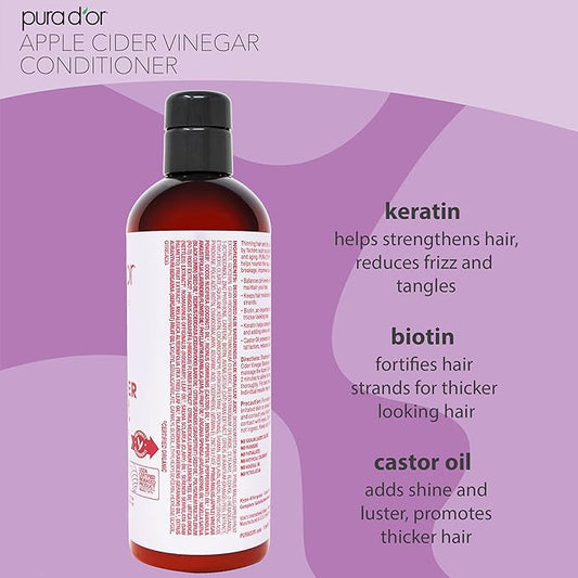 PURA D'OR 16 Oz Apple Cider Vinegar Thin2Thick Conditioner - Biotin, Keratin, Caffeine, Castor Oil & Key Active Ingredients for All Hair Types, Men & Women