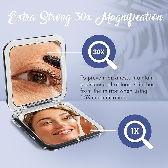 MIRRORVANA 30X Compact Magnifying Mirror for Travel, Handheld and Foldable Square Design - Lightweight Mini Pocket-Sized Magnified Mirror, Ideal for Purse or Handbag Use - 3.3" x 3.3" (Black)