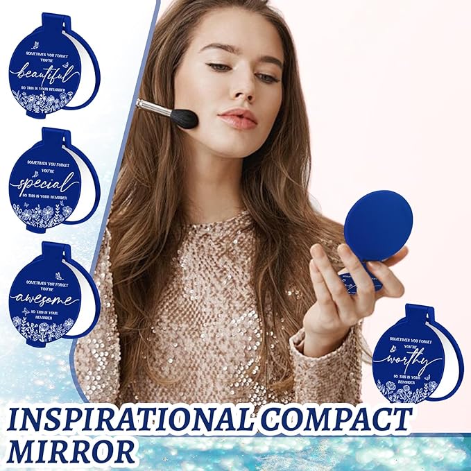 100 Pcs Inspirational Compact Mirror Bulk Small Pocket Mirror Purse Round Portable Folding Makeup Mirror Mini Compact Mirror Gifts for Women Coworker Employee Teacher(Blue)