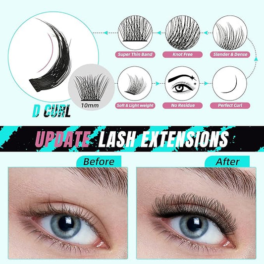 AMZGIRL LASH Midnight DIY Lash Extension Kit, 144 pcs Eyelash Clusters Kit Lash Bond and Seal, Lash Glue Remover and Applicator for Individual False Eyelashes Kit Lash Extensions(D-10mm Kit)