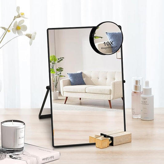 Desk Mirror, Tabletop Vanity Mirror, 360Β°Adjustable Rotation Vintage Metal Framed Table Mirror with Stand and 10X Magnifying, Room for Living Room, Bedroom, Tabletop, Bathroom (Black Rectangle)