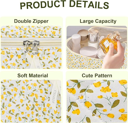 4Pcs Quilted Makeup Bag Set Cute Floral Cosmetic Bag Cotton Coquette Make up Bag Aesthetic Travel Toiletry Bag for Women Girls