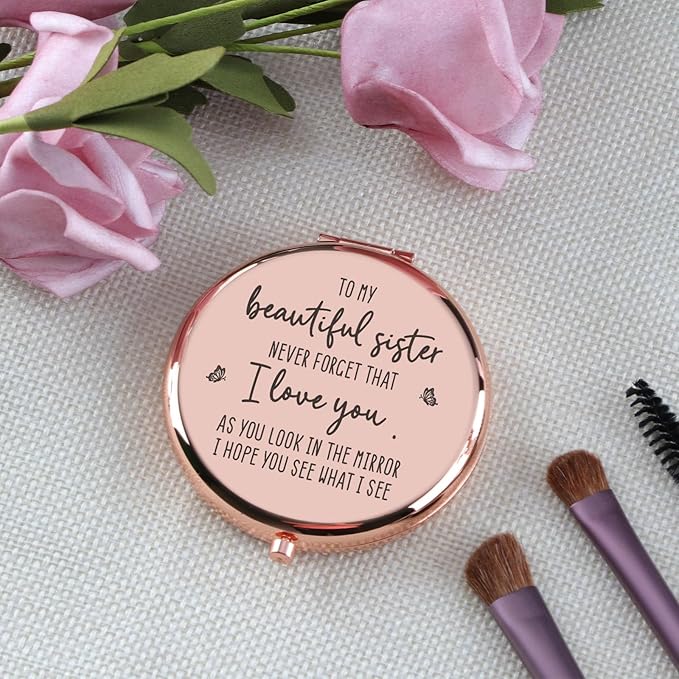 Sister Gifts from Sister Brother, Sisters Birthday Gift Ideas Rose Gold Compact Mirror Gifts for Sisters Friend Classmate Graduation Thanksgiving Birthday Christmas