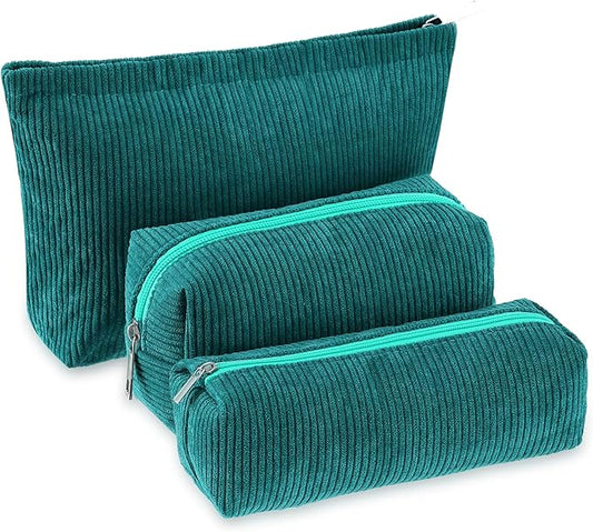3 Pcs Makeup Bag Set for Women Corduroy Cosmetic Pouch Aesthetic Smile Travel Toiletry Bag Cute Purse Pouch Pencil Case Makeup Brushes Storage Organizer for Christmas(Dark Green,Solid Style)